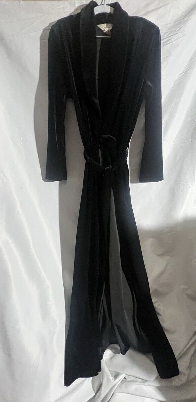 Vintage Diamond Tea Robe Size Small Black Velour House Coat Velvet Plush